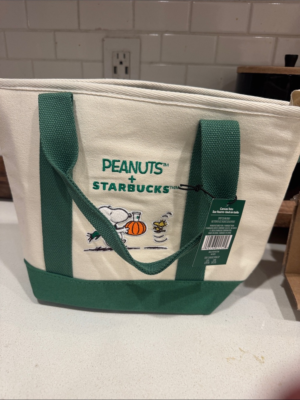 Starbucks Peanuts Canvas Tote in Cream and Green with Embroidered Snoopy Pumpkin